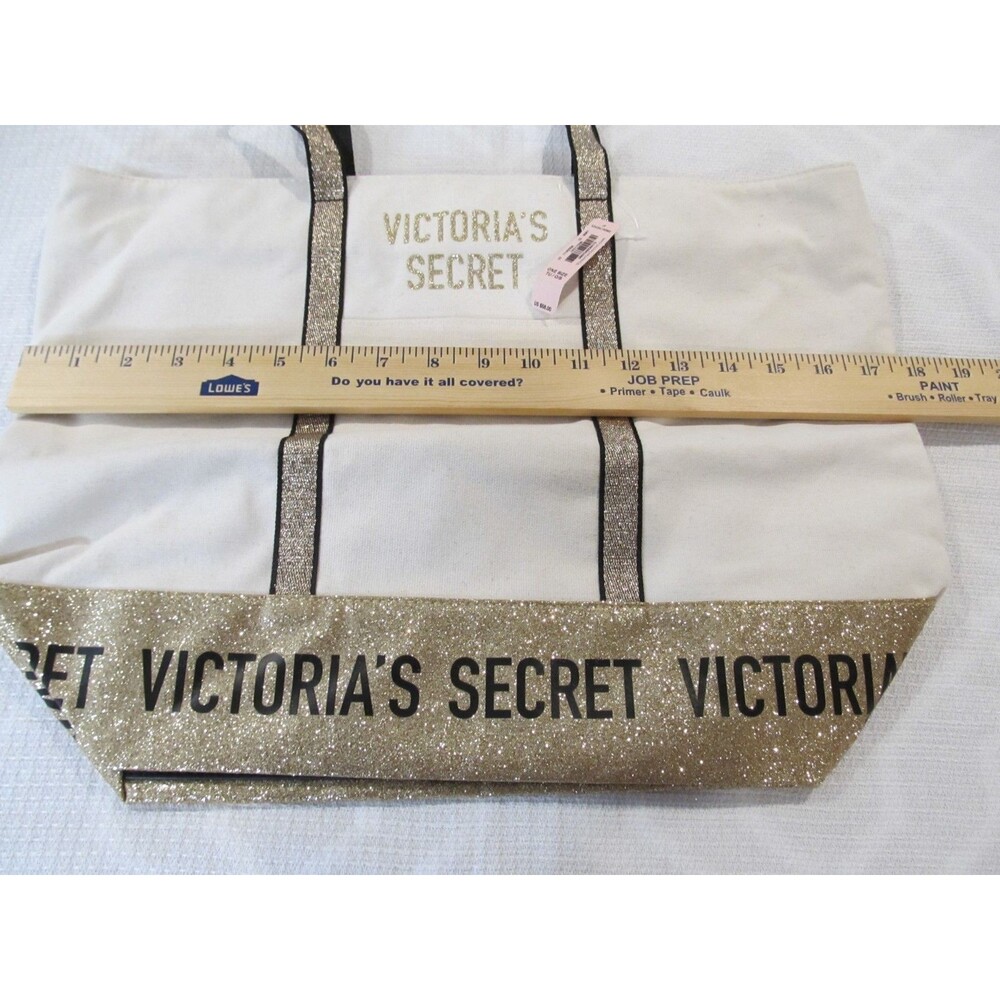 Victoria’s Secret Tan Gold Glitter Large Tote Bag Zippered 2018 NWT Travel - Picture 4 of 9